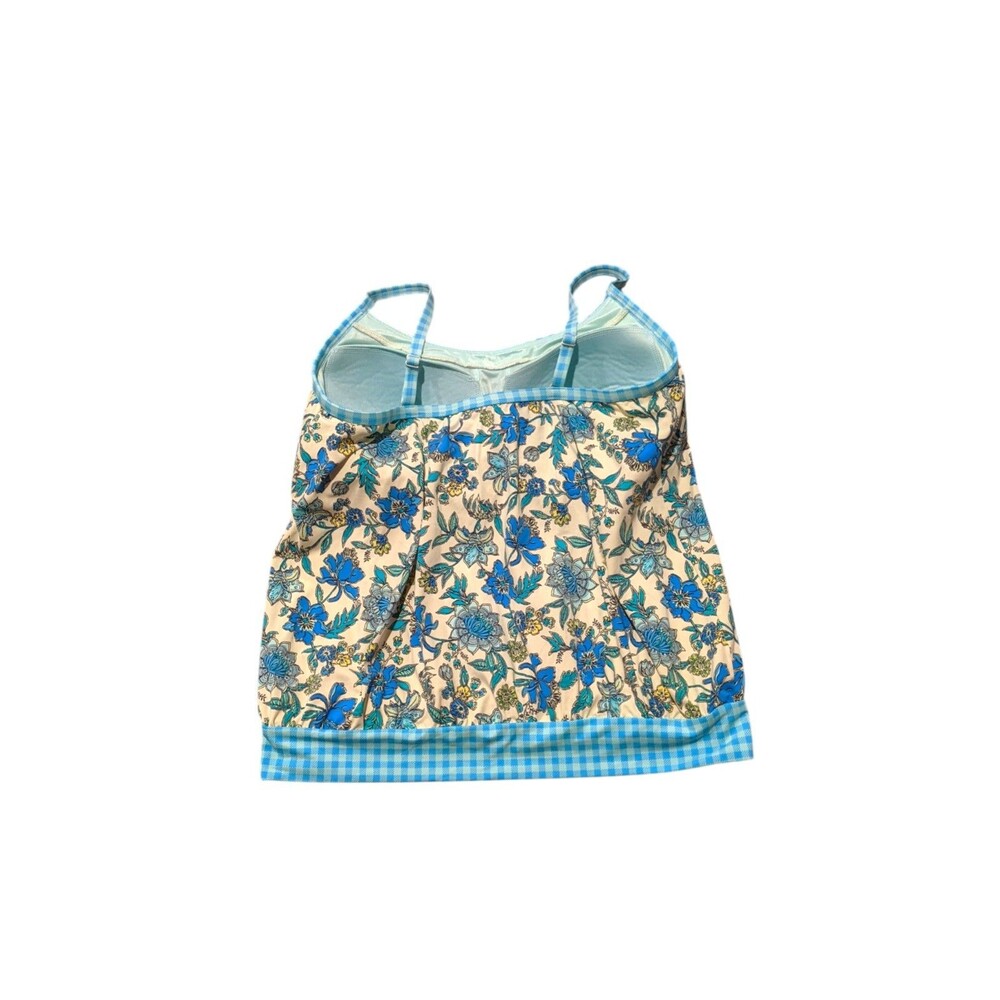 Lands' End Blouson Tankini Swim Top Sz 14 Blue Floral Paisley Gingham Pool Beach - Picture 6 of 12